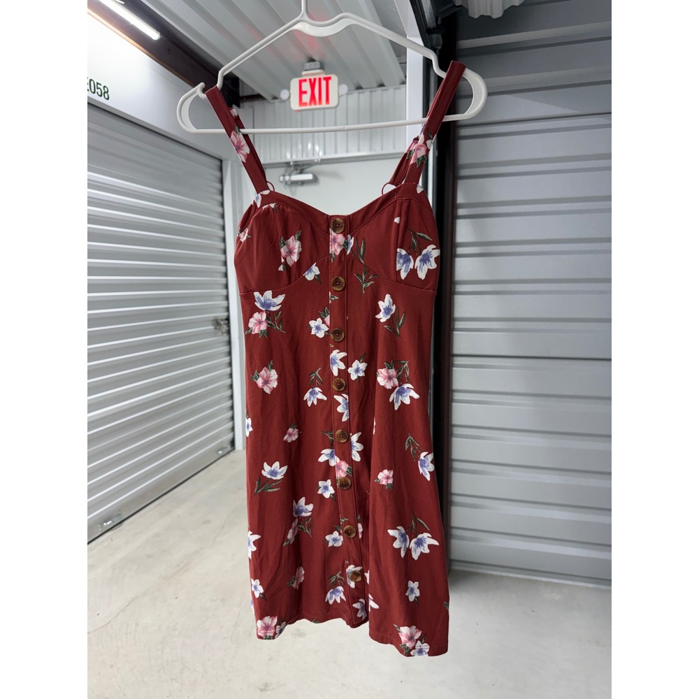 No Boundaries Rust Red Floral Button Down Mini Dress Smocked Back XS 1